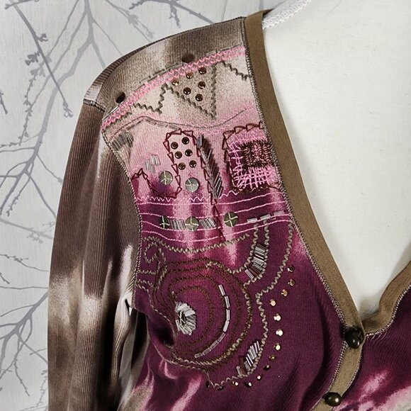 Marc Aurel Tie Dye Beaded Ribbed V-Neck Henley Top - Picture 2 of 6